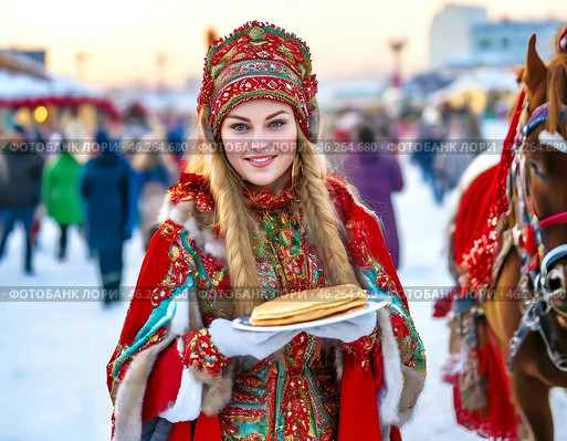 A beautiful girl in national dress treats with pancakes on Maslenitsa. Maslenitsa week. Стоковое AI-изображение, AI-художник Сергей Елизарьев / Фотобанк Лори