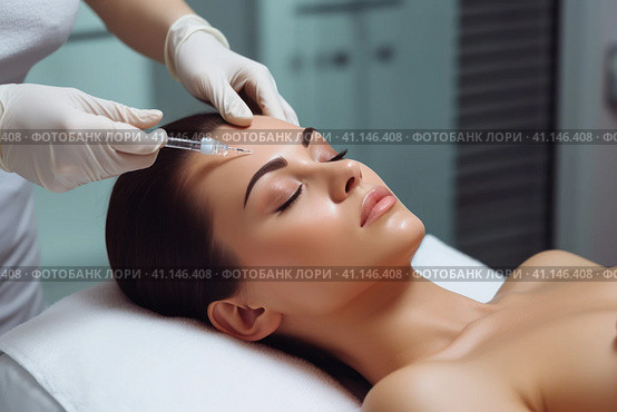 A beautiful girl is injected with Botox in the forehead. Стоковое AI-изображение, AI-художник Поликарпов Владимир Владимирович / Фотобанк Лори