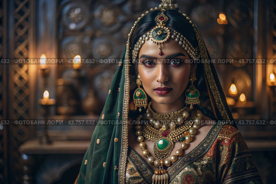 A beautiful Indian girl in a traditional Indian national costume, sari. Against the background of elephants. The portrait symbolizes the traditions, culture and beauty of the people of India. Стоковое AI-изображение, AI-художник Photojuli / Фотобанк Лори