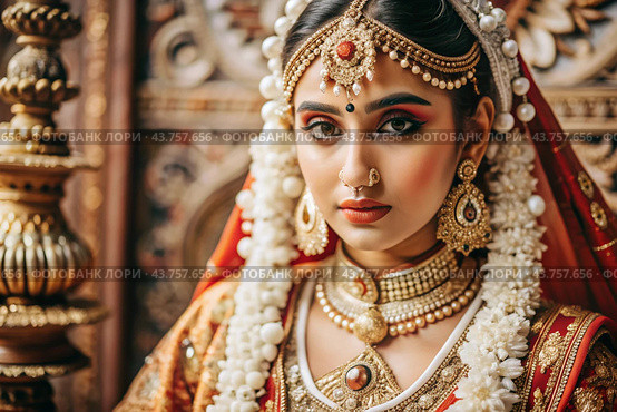 A beautiful Indian girl in a traditional Indian national costume, sari. Against the background of elephants. The portrait symbolizes the traditions, culture and beauty of the people of India. Стоковое AI-изображение, AI-художник Photojuli / Фотобанк Лори