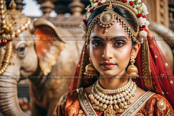 A beautiful Indian girl in a traditional Indian national costume, sari. Against the background of elephants. The portrait symbolizes the traditions, culture and beauty of the people of India. Стоковое AI-изображение, AI-художник Photojuli / Фотобанк Лори