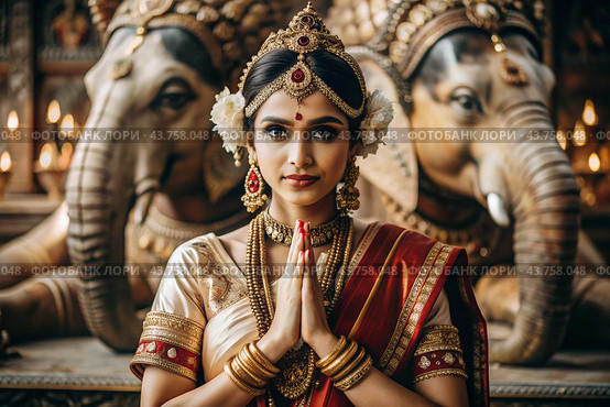A beautiful Indian girl in a traditional Indian national costume, sari. Against the background of elephants. The portrait symbolizes the traditions, culture and beauty of the people of India. Стоковое AI-изображение, AI-художник Photojuli / Фотобанк Лори