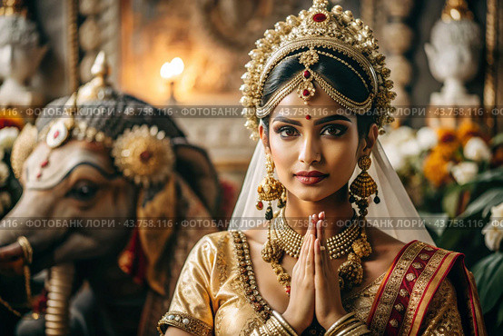 A beautiful Indian girl in a traditional Indian national costume, sari. Against the background of elephants. The portrait symbolizes the traditions, culture and beauty of the people of India. Стоковое AI-изображение, AI-художник Photojuli / Фотобанк Лори