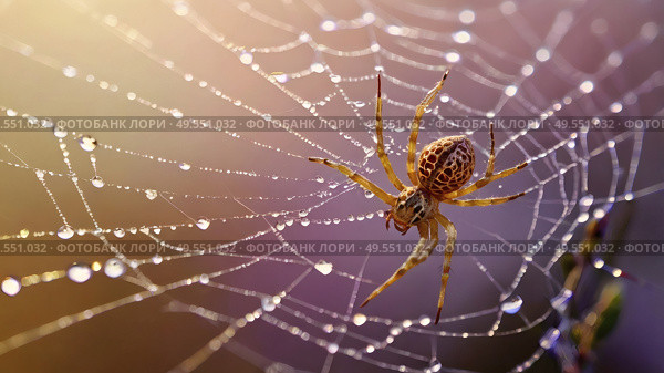 A beautiful spider and a web decorated with dew drops that shimmer in the sun, creating a glow effect. The background of the image is blurred, in a warm golden pink color scheme. Стоковое AI-изображение, AI-художник Photojuli / Фотобанк Лори