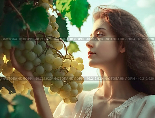 A beautiful young girl is standing near a fruit tree in the garden. Стоковое AI-изображение, AI-художник Ярославский Максим / Фотобанк Лори