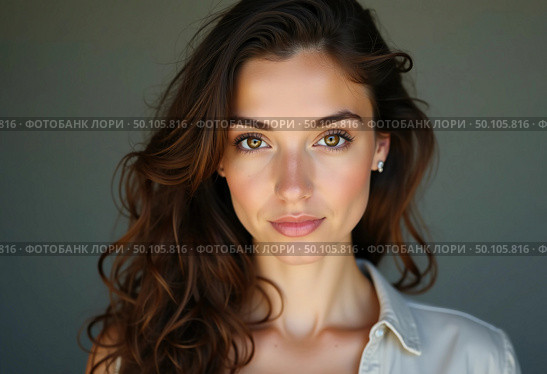 A beautiful young woman from Serbia poses gracefully, showcasing her radiant complexion and expressive eyes. Natural light enhances her features, creating an inviting atmosphere Generative AI. Стоковое AI-изображение, AI-художник Юлия Петровская / Фотобанк Лори
