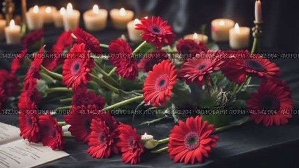 A beautifully arranged tribute table at a memorial service, showcasing red gerbera daisies and roses against a dark velvet backdrop, conveying both grief and beauty. Стоковое AI-видео, аниматор Ирина Старикова / Фотобанк Лори
