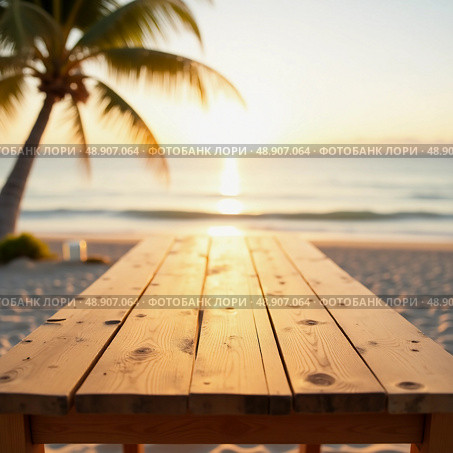 A beautifully crafted wooden table sits quietly on the sandy beach as the sun sets over the ocean. Waves lap softly at the shore, filling the air with tranquility and warmth Generative AI. Стоковое AI-изображение, AI-художник Юлия Петровская / Фотобанк Лори