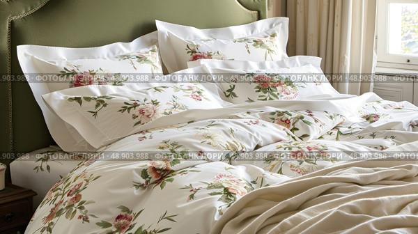 A bed made with a white comforter featuring a green headboard against a neutral wall. Стоковое AI-изображение, AI-художник Данила Большаков / Фотобанк Лори