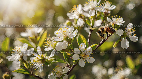 A bee collecting nectar on a blooming apple tree in close-up. Macro photography. Natural food. The disappearance of bees. Стоковое AI-изображение, AI-художник Photojuli / Фотобанк Лори