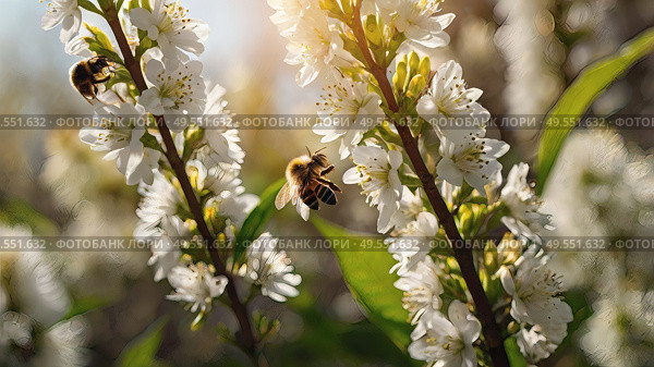 A bee collecting nectar on a blooming apple tree in close-up. Macro photography. Natural food. The disappearance of bees. Стоковое AI-изображение, AI-художник Photojuli / Фотобанк Лори
