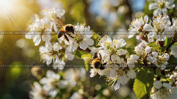 A bee collecting nectar on a blooming apple tree in close-up. Macro photography. Natural food. The disappearance of bees. Стоковое AI-изображение, AI-художник Photojuli / Фотобанк Лори