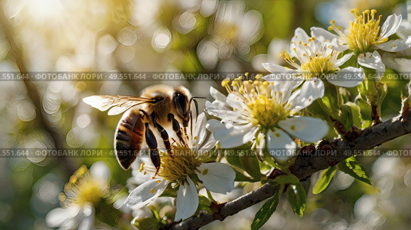 A bee collecting nectar on a blooming apple tree in close-up. Macro photography. Natural food. The disappearance of bees. Стоковое AI-изображение, AI-художник Photojuli / Фотобанк Лори