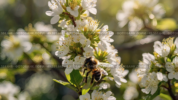 A bee collecting nectar on a blooming apple tree in close-up. Macro photography. Natural food. The disappearance of bees. Стоковое AI-изображение, AI-художник Photojuli / Фотобанк Лори
