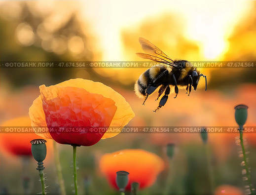 A bee flies over a poppy field. Стоковое AI-изображение, AI-художник Ekaterina Barashkova / Фотобанк Лори