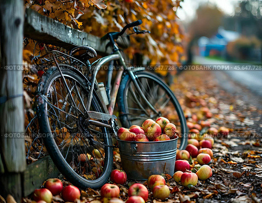 A bicycle is leaning against a wooden fence, with a bucket of fresh apples collected next to it. Apple Savior (August 19). Стоковое AI-изображение, AI-художник Сергей Елизарьев / Фотобанк Лори