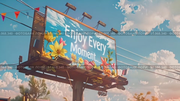 A billboard covered in blooming flowers with the message Enjoy Every Moment displayed prominently. Стоковое AI-видео, аниматор Данила Большаков / Фотобанк Лори