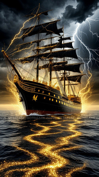A black and gold shining ship sails through stormy seas, struck by lightning. Стоковое AI-изображение, AI-художник Анастасия Пальчикова / Фотобанк Лори