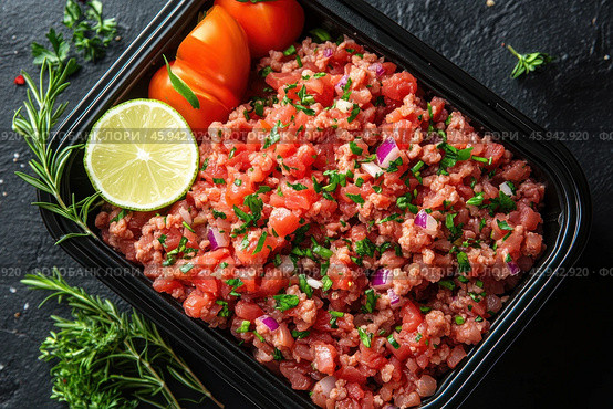 A black container plate filled with a bright and fresh dish reminiscent of tartare or finely chopped salad. The main ingredient is finely chopped pieces of fresh tomatoes mixed with onions and herbs. The onions add contrast with their purple hues, and the chopped herbs (perhaps parsley or cilantro) add freshness to the dish. The dish is garnished with a wedge of lime, which is probably used for acidity. In the background of the container are bright tomatoes. In the background are sprigs of rosemary and other herbs, which emphasize the naturalness and flavor of the dish. The overall impression is of a fresh and healthy product, perfect for a light dinner or snack. Стоковое AI-изображение, AI-художник Анна Кривицкая / Фотобанк Лори