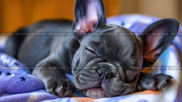 A black dog is sleeping on a blanket. Стоковое AI-изображение, AI-художник Ярославский Максим / Фотобанк Лори