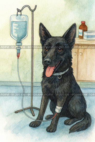 A black dog undergoing treatment in a veterinary clinic. The animal is sitting on the floor with a bandage on its paw, to which a drip with a clear liquid is connected. The dog looks calm and friendly, with an open mouth and a protruding tongue, which symbolizes trust in people and hope for recovery. In the background, a medical table with a bottle and bandages is visible, which emphasizes the atmosphere of the clinic. The work is done in watercolor technique, with soft and detailed shades, which gives the scene a touching and emotional feel. Стоковое AI-изображение, AI-художник Анна Кривицкая / Фотобанк Лори