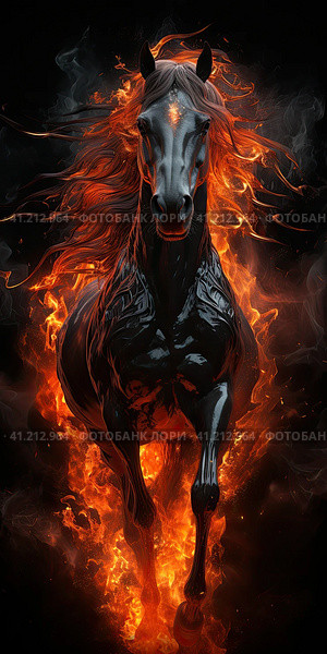 A black horse, a ghost, a flowing black mane, fierce, flaming red eyes, is engulfed in flames. Generated by AI. Стоковое AI-изображение, AI-художник Ярославский Максим / Фотобанк Лори