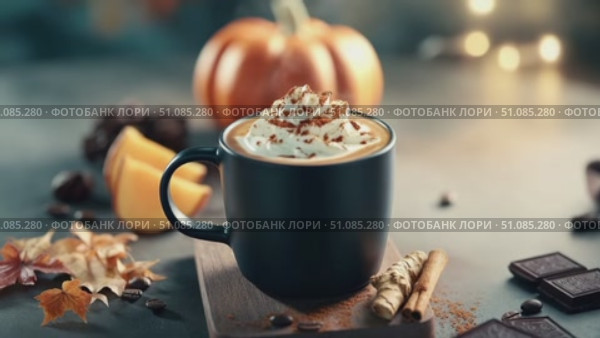 A black mug filled with pumpkin spice latte topped with whipped cream and caramel sits on a wooden board. Nearby are pumpkin slices, chocolate pieces, and autumn leaves. Стоковое AI-видео, аниматор Nart / Фотобанк Лори