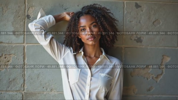 A black woman in a white blouse standing confidently with her arm raised against a textured stone wall, soft lighting enhancing. Стоковое AI-видео, аниматор Sergey Grishin / Фотобанк Лори