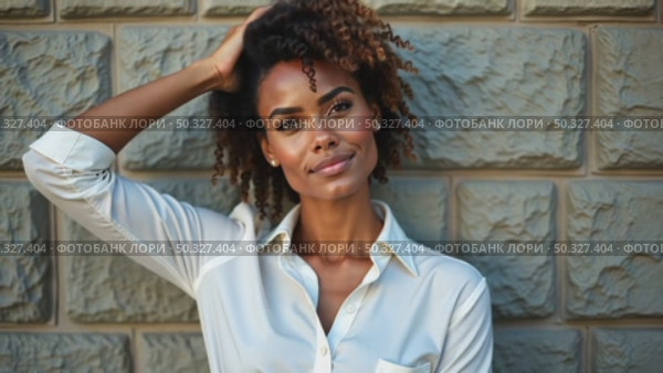 A black woman in a white blouse standing confidently with her arm raised against a textured stone wall, soft lighting enhancing. Стоковое AI-видео, аниматор Sergey Grishin / Фотобанк Лори