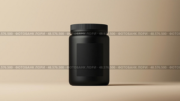 A blank black protein powder jar with a matte finish on a beige background. Пустая черная банка для протеинового порошка с матовым покрытием на бежевом фоне. Стоковое AI-изображение, AI-художник Katsiaryna Repich / Фотобанк Лори