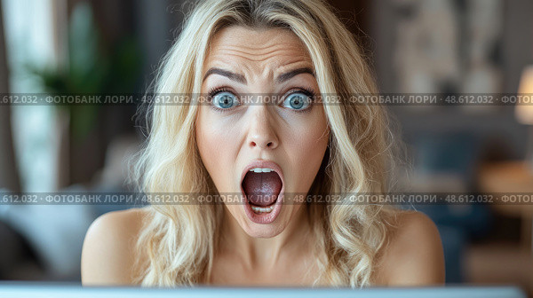 A blonde woman gasps in disbelief, her eyes wide open while staring at a laptop in a bright, inviting living room setting. Стоковое AI-изображение, AI-художник Данила Большаков / Фотобанк Лори