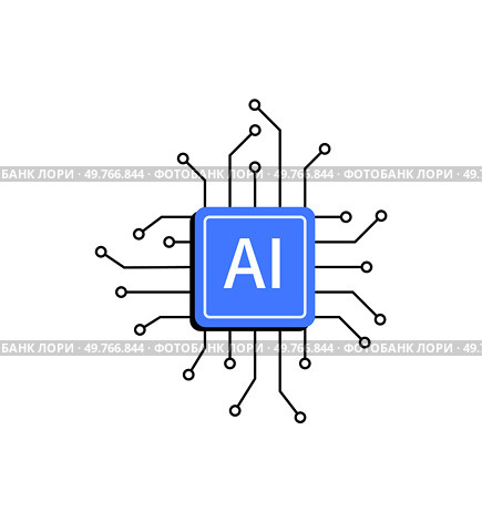 A blue AI chip encircled by digital circuitry on a white background, representing technology and AI integration in modern computing, with a focus on artificial intelligence applications.. AI chip surrounded by digital circuitry symbolizing artificial intelligence and technology integration. Стоковая иллюстрация, агентство Ingram Publishing / Фотобанк Лори