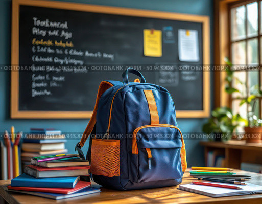 A blue and orange backpack sits on a desk in front of a chalkboard with a list o. Стоковое AI-изображение, AI-художник Ярославский Максим / Фотобанк Лори