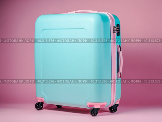 A blue large suitcase on a soft pink background. A symbol of travel and vacation. Стоковое AI-изображение, AI-художник Ярославский Максим / Фотобанк Лори