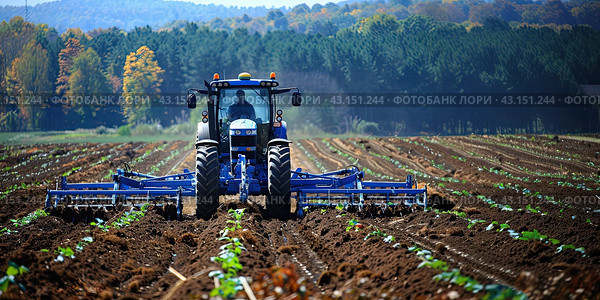 A blue tractor weeds the beds in the field. The concept of farm work. Generated by AI. Стоковое AI-изображение, AI-художник Ярославский Максим / Фотобанк Лори