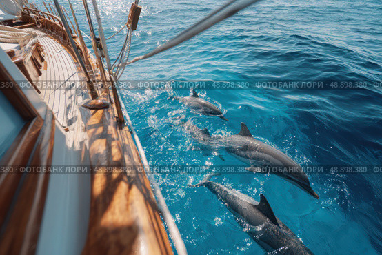 A boat is sailing in the ocean with a group of dolphins swimming alongside it. Стоковое фото, фотограф Ярославский Максим / Фотобанк Лори
