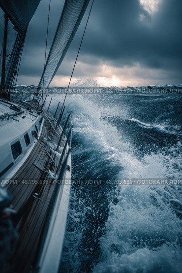 A boat is sailing in the ocean with a storm in the background. Стоковое AI-изображение, AI-художник Ярославский Максим / Фотобанк Лори