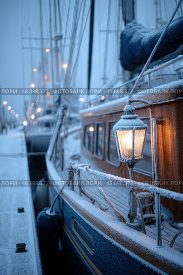 A boat with a light on it is docked in a harbor. Стоковое AI-изображение, AI-художник Ярославский Максим / Фотобанк Лори