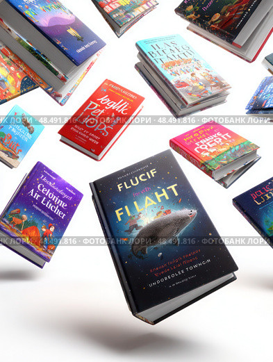 A book titled Fluct is shown in the air with other books. Стоковое AI-изображение, AI-художник Ярославский Максим / Фотобанк Лори