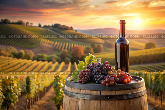 A bottle of red wine and a bunch of ripe grapes on a wooden oak barrel against the background of a vineyard. Стоковое AI-изображение, AI-художник Photojuli / Фотобанк Лори