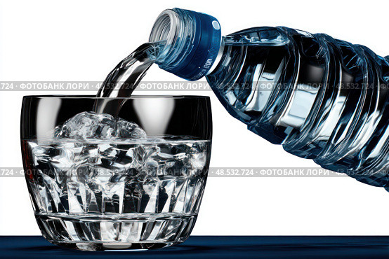 A bottle of water is poured into a glass. Стоковое AI-изображение, AI-художник Ярославский Максим / Фотобанк Лори