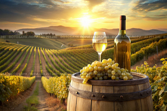 A bottle of white wine and a bunch of ripe grapes on a wooden oak barrel against the background of a vineyard. Стоковое AI-изображение, AI-художник Photojuli / Фотобанк Лори