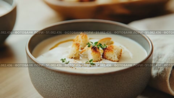 A bowl of creamy soup topped with croutons and herbs. The soup is served in a textured gray bowl on a wooden table with additional bowls in the background. Стоковое AI-видео, аниматор Nart / Фотобанк Лори
