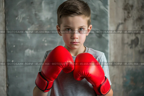 A boy in boxing gloves strikes, a cute teenage boy stands in a fighter's pose, ready to fight. Playing sports. Children's sports sections. Стоковое AI-изображение, AI-художник Photojuli / Фотобанк Лори