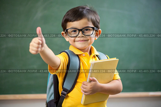 A boy with glasses shows the class with his hand. The child goes to school for the first time. A child with a school bag and a book. A child in the classroom on the background of a blackboard. Back to school. Стоковое AI-изображение, AI-художник Photojuli / Фотобанк Лори