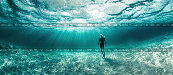 A breathtaking underwater photograph of a woman walking on the ocean floor with sunlight shining through the surface of the water. The rays of light create a magical atmosphere of calm and freedom. The clarity of the water, the sandy bottom and the sense of serenity highlight the harmony between man and nature. Ideal for themes: freediving, oneness with nature, meditation, inner silence, underwater world. Стоковое AI-изображение, AI-художник Анна Кривицкая / Фотобанк Лори