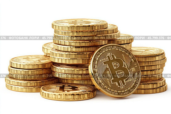 A bright and attractive illustration of a stack of golden Bitcoin coins on a white background. Стоковое AI-изображение, AI-художник Ярославский Максим / Фотобанк Лори
