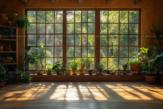 A bright and cozy room with large wooden floor-to-ceiling windows, through which soft morning or evening sunlight penetrates. Outside the windows there is a green forest, and inside on the windowsills and shelves there are many indoor plants in ceramic and clay pots. The light and shadows from the window bars fall on the wooden floor, creating a warm, peaceful atmosphere. The room is filled with peace, the life of nature and a sense of harmony with the surrounding world. Стоковое AI-изображение, AI-художник Анна Кривицкая / Фотобанк Лори