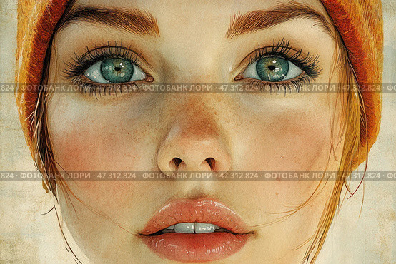 A bright and lively portrait of a young girl, done in the style of a realistic illustration or watercolor painting. Her face is in close-up: expressive bluish-green eyes with highlights, freckles on her nose and cheeks, soft blush, natural lips with a slight shine. The girl wears an orange hat, from under which strands of light-red hair are sticking out. Her gaze is direct, open, a little thoughtful, as if she is watching something important that has yet to happen. The image is fresh, inspiring and filled with a sense of the future. Стоковое AI-изображение, AI-художник Анна Кривицкая / Фотобанк Лори