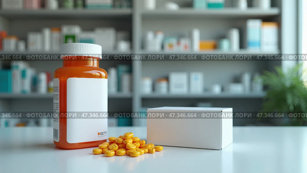 A bright pharmacy displays a prescription medication bottle filled with yellow pills next to an empty white box, emphasizing the pharmaceutical atmosphere. Стоковое AI-изображение, AI-художник Sergey Grishin / Фотобанк Лори
